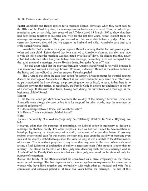 de castro v. assidao-de castro|Case Digest: REINEL ANT B. DE CASTRO v. ANNABELLE .